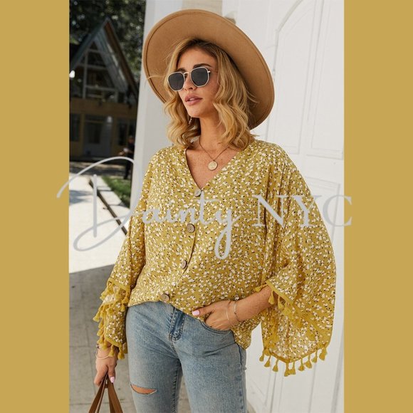 Boho Yellow Confetti Blouse Tassel Fringe Sleeve - Picture 5 of 9